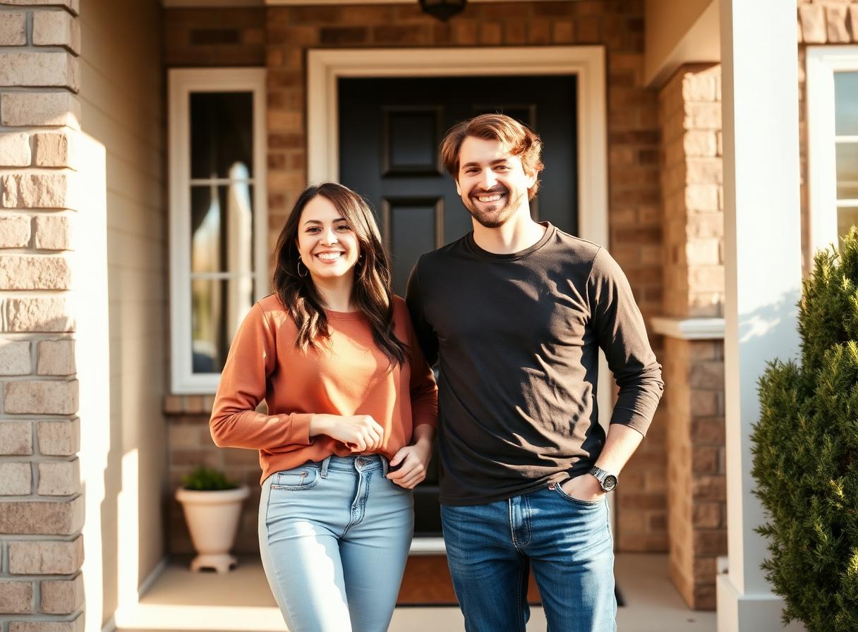 A young couple standing outside their DFW home